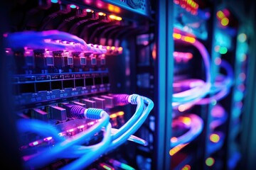 Connection of optical fiber cable technology background, Fiber Optic cables connected to an optic ports in data center, close up of network cables connected to an internet hub, Ai generated