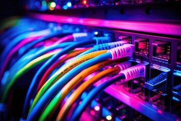 Connection of optical fiber cable technology background, Fiber Optic cables connected to an optic ports in data center, close up of network cables connected to an internet hub, Ai generated
