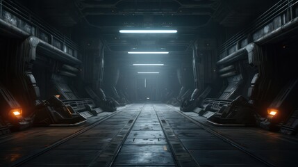 Illustration of a space station hallway in a science fiction world, with red lights and misty white rays.
