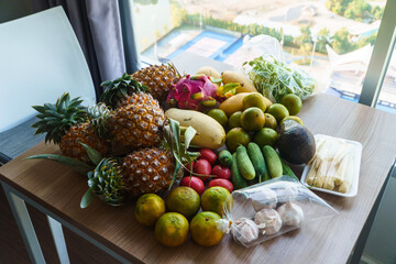 Fruits and vegetables on the table. Vitamin collection for health