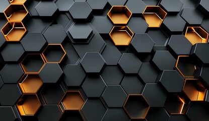 Luxury abstract geometric background made of black and gold hexagons or honeycomb with glowing for...