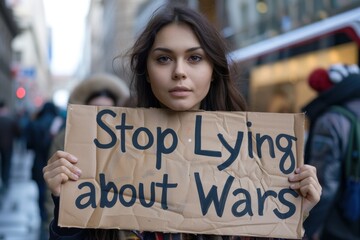 A young woman with blonde hair holds a protest sign reading Stop Lying about Wars with a serious expression.