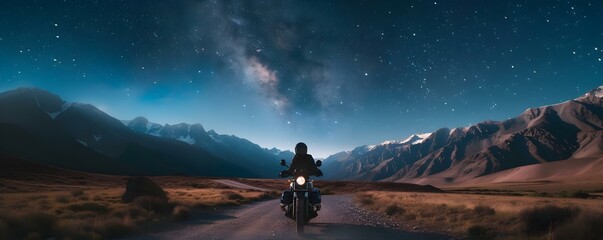 Motorcycle embarks on nocturnal adventure through mountainous terrain under starry sky. Concept Adventure, Night Photography, Motorcycles, Mountains, Starry Sky - obrazy, fototapety, plakaty