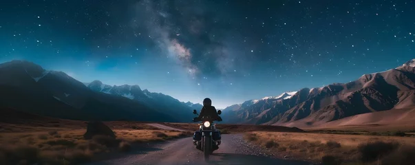 Poster Motorcycle embarks on nocturnal adventure through mountainous terrain under starry sky. Concept Adventure, Night Photography, Motorcycles, Mountains, Starry Sky © Ян Заболотний