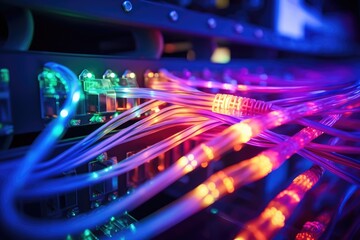 Fototapeta premium Fiber Optic cables connected to optic ports in the data center, close-up of network cables connected to an internet hub, Connection of optical fiber cable technology background, Ai generated