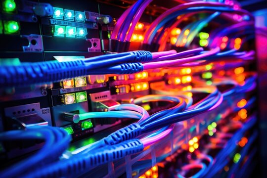 Fiber Optic cables connected to optic ports in the data center, close-up of network cables connected to an internet hub, Connection of optical fiber cable technology background, Ai generated