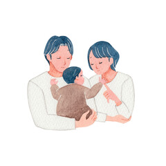 人物 家族 夫婦 赤ちゃん　愛情　水彩 イラスト