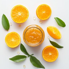 Jar of homemade orange jam on white background. top view.