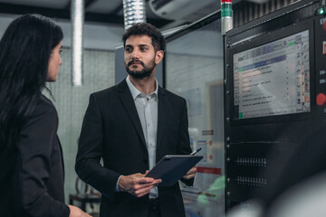 Fototapeta premium Robotic supervisor discuss with technical specialist from various department on strategic planning