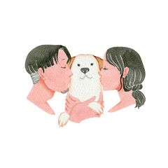 人物 家族 夫婦 カップル　犬　愛情　水彩 イラスト