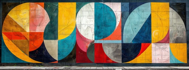 Striking urban wall mural featuring a vibrant array of semi-circular shapes and dotted patterns with a textured backdrop.