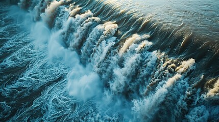 Aerial view of water spilling over a weir from generative ai high quality image - obrazy, fototapety, plakaty