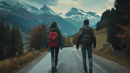  a young woman and a man walk with backpacks along the road against the backdrop of snowy mountains.Travel, vacation concept.A couple of travelers against the backdrop of a beautiful landscape landsca - Powered by Adobe