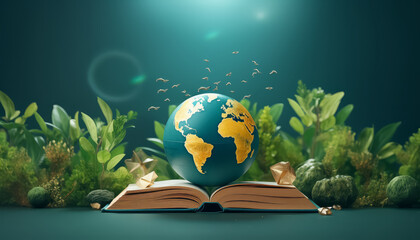 A book is open to a page with a globe on it