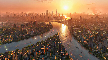 Aerial View of Cityscape by the River, Urban Architecture at Sunset, Panoramic Travel and Landmark Scene