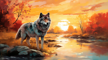 Watercolor painting of a wolf in nature The setting sun shines beautifully.
