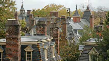 The rooftops of historic townhouses dotted with chimneys and adorned with decorative weathervanes offering a glimpse into the past.