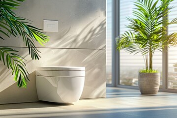 Modern bathroom with a wall-mounted toilet, plant decoration, and natural light streaming through a window.