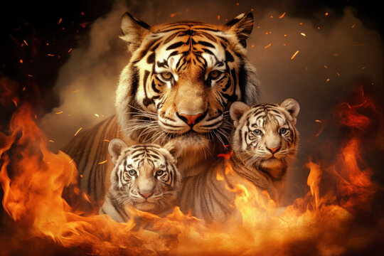 A tiger and two cubs stand in front of a raging fire as they flee the forest blaze