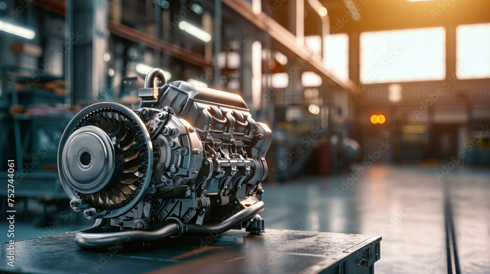 Poster detailed view of a high-tech machine assembling a modern engine in a factory setting, showcasing pre