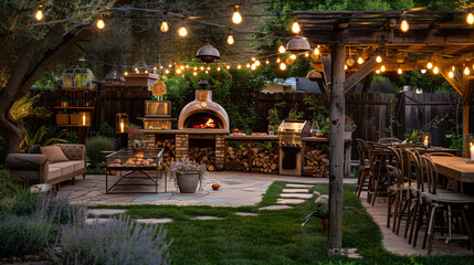 Outdoor pizza party in a backyard with a wood-fired pizza oven