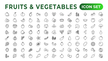 Fototapeta na wymiar Fruits and vegetables line icons collection. Big UI icon set in a flat design. Thin outline icons pack. Vector illustration. Fruits and vegetables icons set. Food vector illustration.Outline icon set.