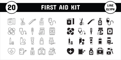 First Aid Kit Line Glyph Vector Illustration Icon Sticker Set Design Materials