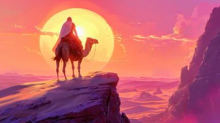 Rolgordijnen Sunset Over Desert with Camel Silhouettes, Adventure and Travel in Egypt, Illustration of a Traditional Scene © Taslima