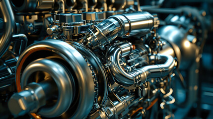 Detailed close-up of a modern engine being manufactured at a high-tech factory, showcasing intricate design and elements