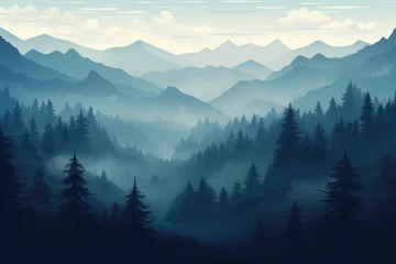 Foto op Canvas Foggy morning in the mountains. Landscape with coniferous forest and mountains, Photo realistic illustration of mountains forest fog morning mystic, Ai generated © Tanu