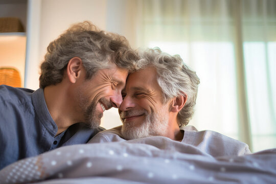 A couple of men, who are in love, lying side by side in bed