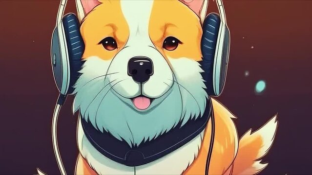 Animation of a colored dog wearing headphones. Cartoon anime style. Video background for music
