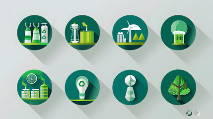 A Set of 8 icons representing the different aspects of green hydrogen, such as production, transportation, storage, and use. Each icon represent a different aspect of green hydrogen.