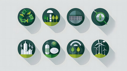 A Set of 8 icons representing the different aspects of green hydrogen, such as production, transportation, storage, and use. Each icon represent a different aspect of green hydrogen.