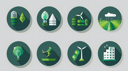 A Set of 8 icons representing the different aspects of green hydrogen, such as production, transportation, storage, and use. Each icon represent a different aspect of green hydrogen.