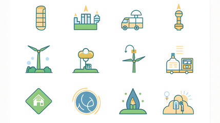 A Set of 12 icons representing the different aspects of green hydrogen, such as production, transportation, storage, and use. Each icon represent a different aspect of green hydrogen.