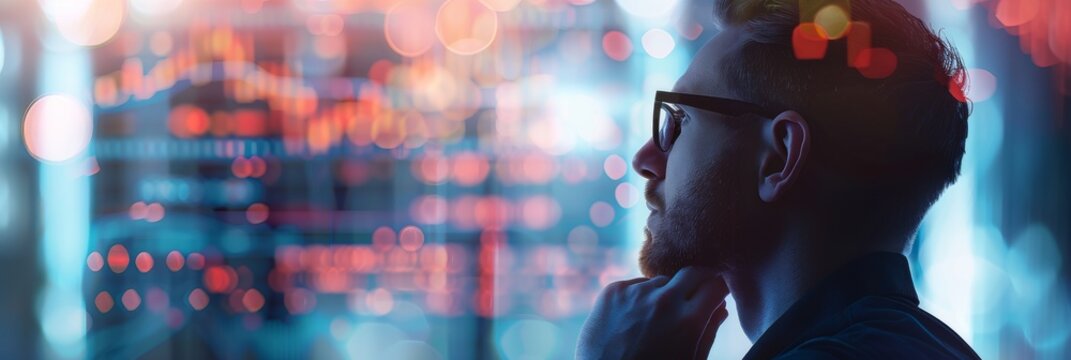 A thought provoking image of a businessperson contemplating investment decisions