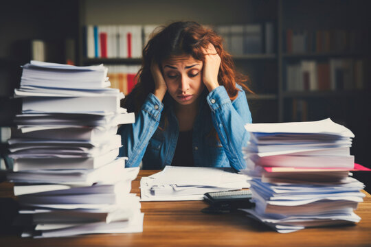 worried young woman sits at a desk stacked with unpaid bills, her head in her hands. The chaos conveys her financial stress as a Gen Z navigating debt and economic instability
