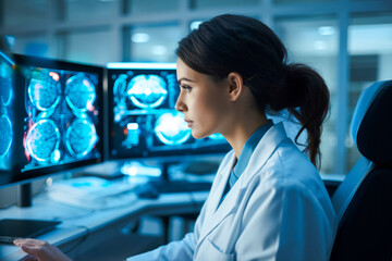 An expert female neurologist deeply engrossed in examining brain scans, utilizing innovative medical technology for diagnosis, highlighting her proficiency and expertise - obrazy, fototapety, plakaty