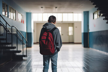 solitary teenage boy stands in a school hallway, his eyes downcast, his posture and expression revealing signs of depression, stress, and the heavy weight of bullying