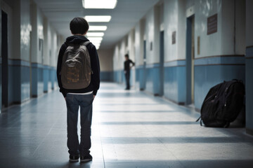 Fototapeta premium solitary teenage boy stands in a school hallway, his eyes downcast, his posture and expression revealing signs of depression, stress, and the heavy weight of bullying