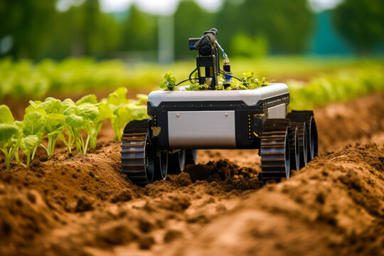 high-tech robot, designed for agricultural tasks, tending to a garden bed, moving on tracks with precision tools to care for young plants, fusion of robotics with sustainable farming practices