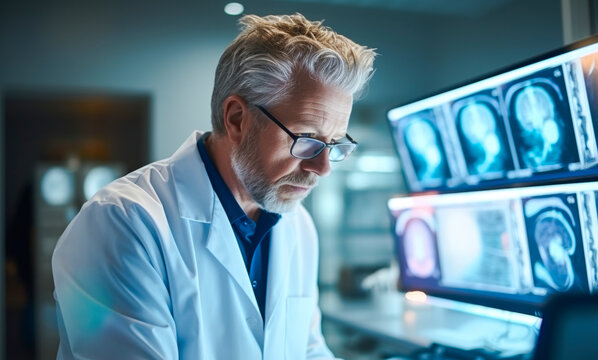 An expert male neurologist deeply engrossed in examining brain scans, utilizing innovative medical technology for diagnosis, highlighting his proficiency and expertise