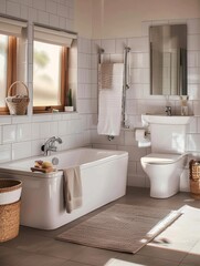 Well-lit, clean bathroom interior with a freestanding tub, toilet, and towels, with natural light coming through the window. Spring cleaning concept.