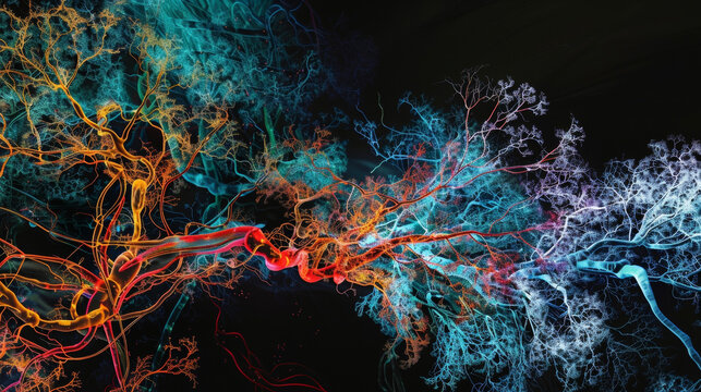 An intricate network of vessels on a closeup image of an angiogram enhanced by AI algorithms for the early detection of heart disease and other circulatory issues.
