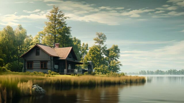 house by the lake. 4k video animation