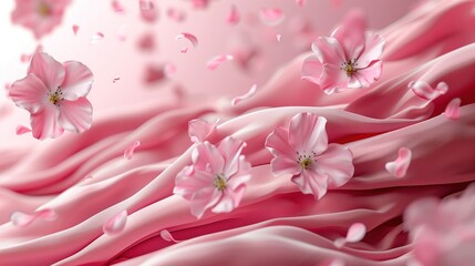 Pink silk or satin floating in the air with flowers and petals floating around on a clean background. The concept has the scent of fabric softener.