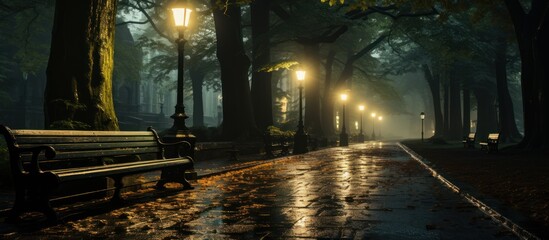 Old park in the fog at night with bench and lanterns.