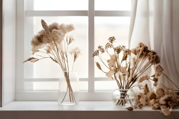 Background Dried Flowers White Minimal Soft Light Window Generative AI