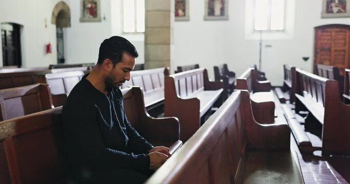 Mexican, man and church for praying with sadness, alone and religion for confession with comfort, gratitude and respect. Trust, spiritual and gratitude before memorial service or wake for farewell